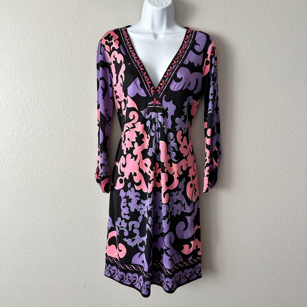 HALE BOB Silk Contrast Boho V Neck Mini Dress Swim Coverup women's size medium
